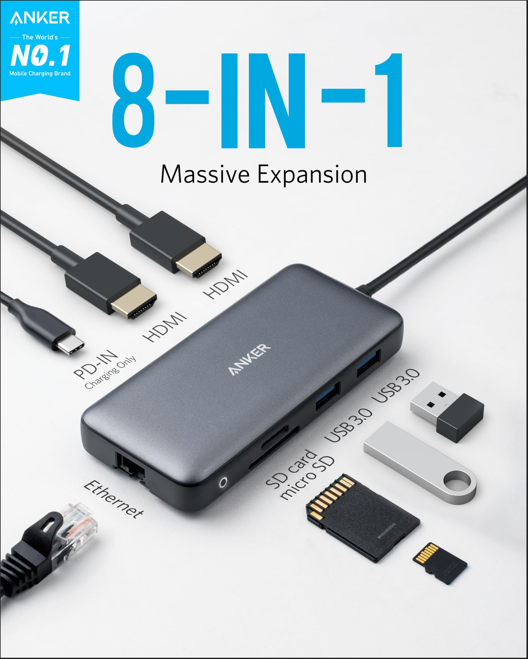 Anker 8-in-1 USB hub with HDMI, Ethernet, SD card slots for massive expansion