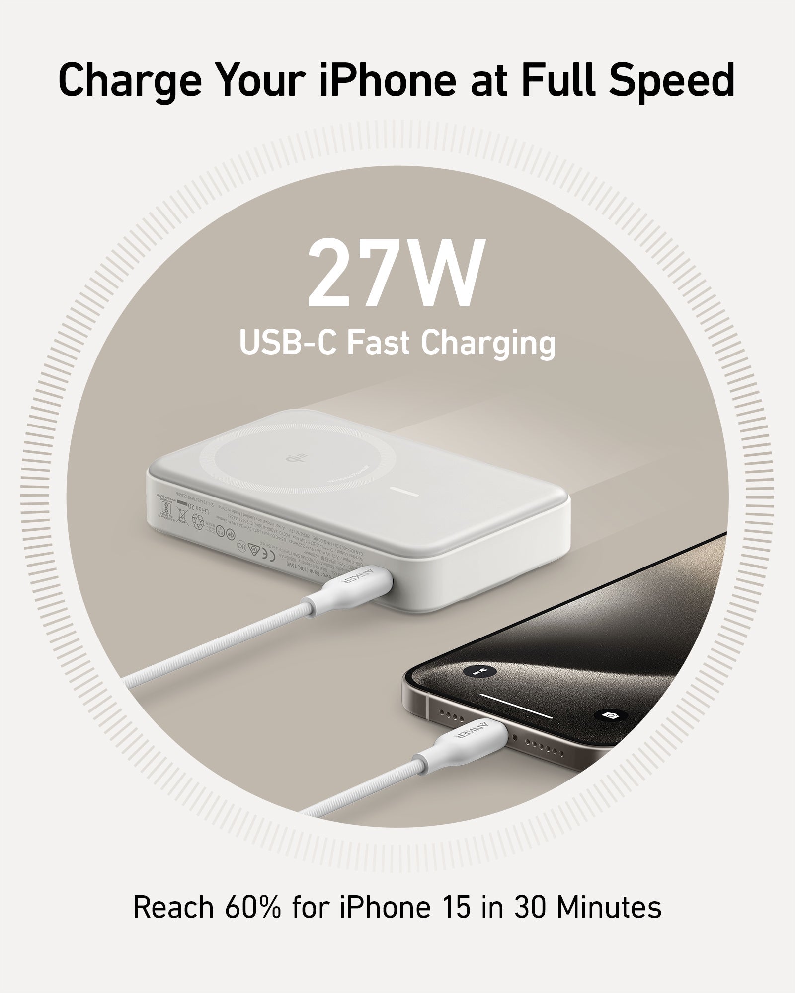 Anker 27W USB-C charger for fast iPhone 15 charging reaching 60% in 30 minutes