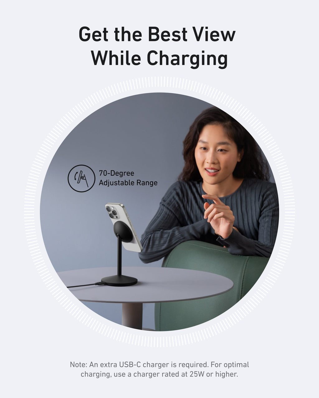 Anker charging stand for iPhone with 70-degree adjustable angle.