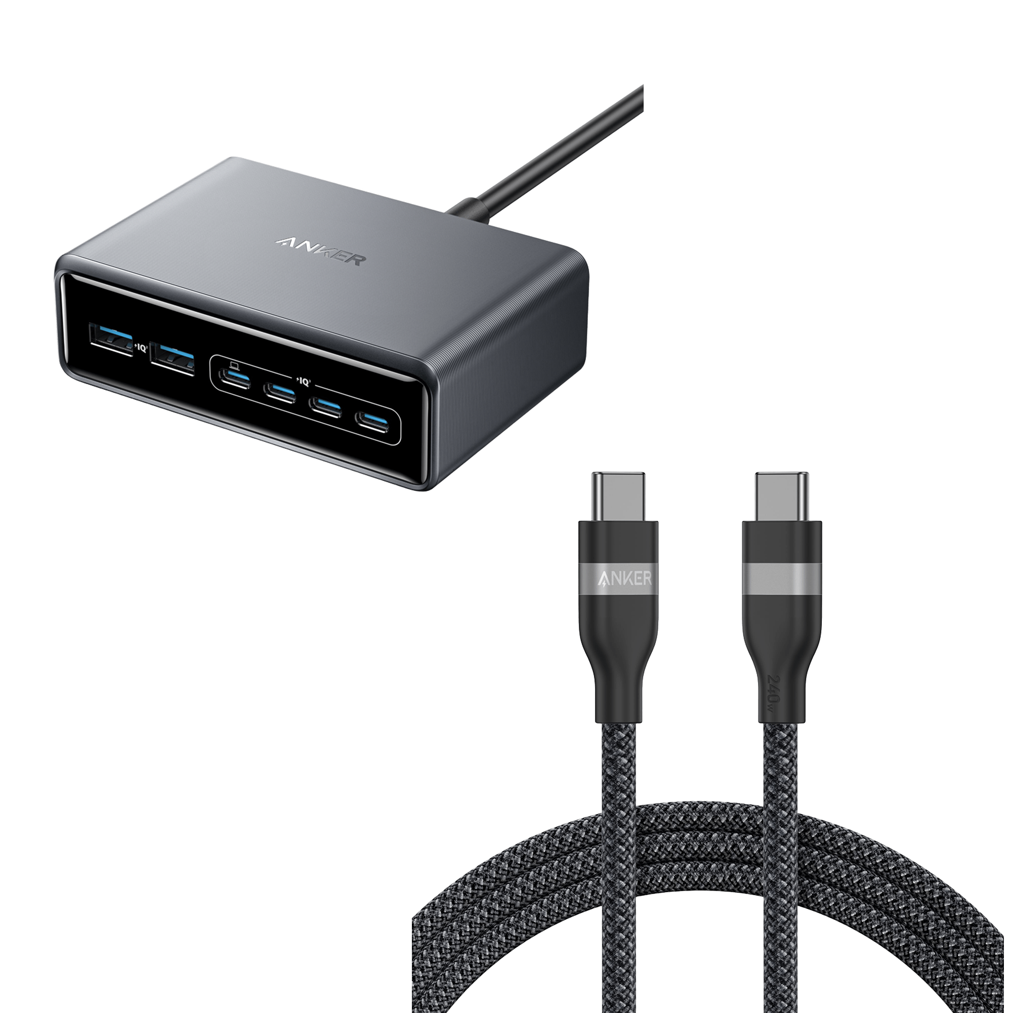 Prime Charger (200W, 6 Ports, GaN) and USB-C to USB-C Cable (6 ft, 240W, Upcycled-Braided)